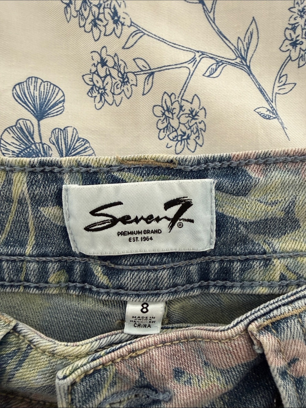 Seven 7 Floral Boyfriend Jeans in Dusty Blue with Pink Accents - Picture 2 of 3